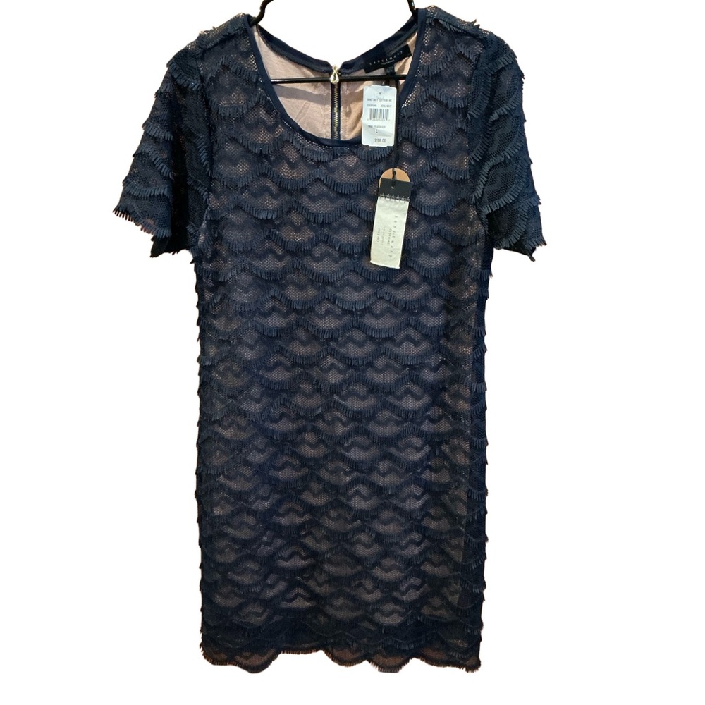 BNWT Sanctuary WM Large Blue Crochet-Lace Over Nude Sheath Dress Short Sleeve